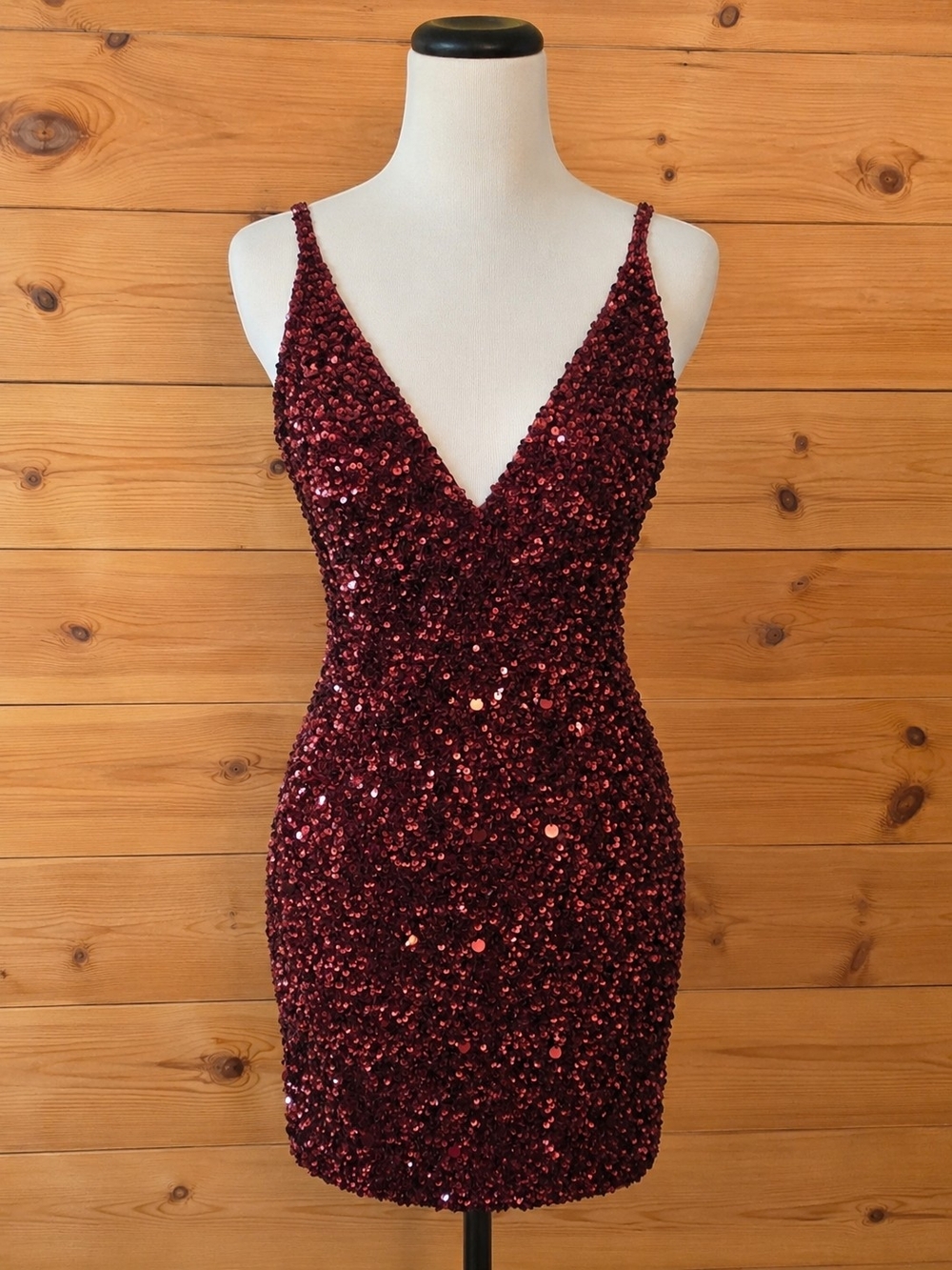 Sherri Hill Burgundy Sequin V-Neck Mini Dress